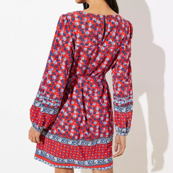 Loft Women Orange Blue Floral Boho Long Puff Sleeve Tie Waist Dress Small Petite - Picture 11 of 11